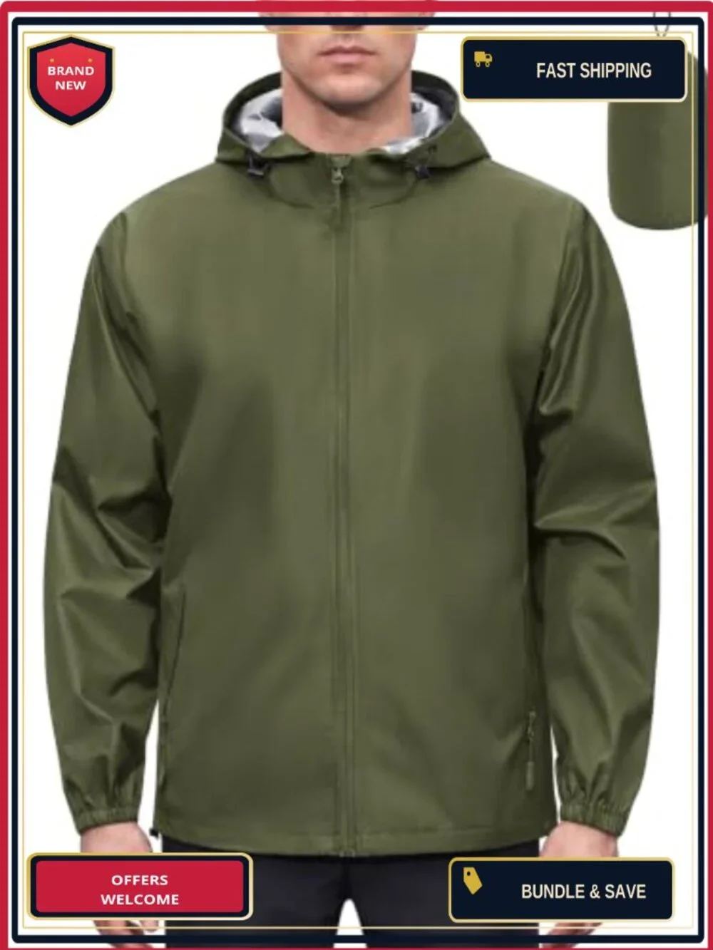 Men's Waterproof Rain Jacket Hooded Packable Windbreaker Lightweight Outdoor